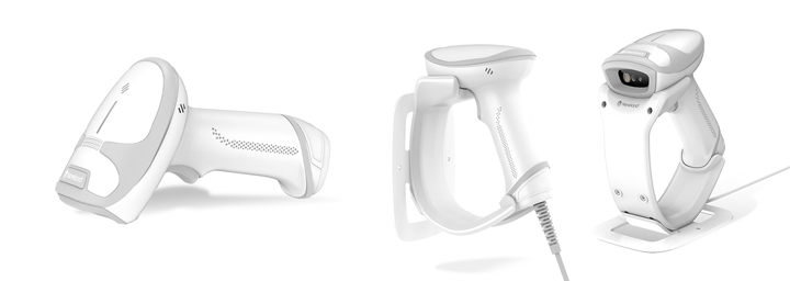Side and perspective views of the HR23 and HR33 AI White Series General Purpose Handheld Scanners with stand/docking station